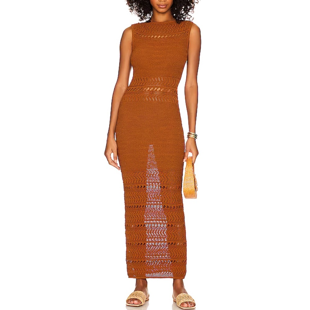 L'Academie Yelina open stitch midi dress in rust
